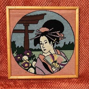 Vintage Asian Lady in Garden Framed Needlepoint